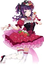 Rule 34 | 1girl, earrings, food, frills, fruit, hat, high heels, idolmaster, idolmaster shiny colors, idolmaster shiny colors song for prism, jewelry, mini hat, multicolored hair, nail polish, official art, one eye closed, pink hair, purple eyes, purple hair, skirt, solo, strawberry, tanaka mamimi, thighhighs, transparent background, twintails, white thighhighs