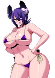 Rule 34 | 10s, 1girl, bad id, bad pixiv id, bikini, blush, breasts, cleavage, curvy, eyepatch, fang, huge breasts, kantai collection, looking at viewer, micro bikini, navel, open mouth, perepere-kun, purple hair, smile, solo, standing, swimsuit, tenryuu (kancolle), thick thighs, thighs, wide hips, yellow eyes