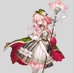 Rule 34 | 1girl, blush, cape, closed mouth, dress, flower, green cape, green hat, green ribbon, grey background, hair between eyes, hair flower, hair ornament, happybiirthd, hat, highres, holding, holding staff, knot, looking at viewer, medium hair, original, pink flower, pink hair, red cape, ribbon, sample watermark, short sleeves, sidelocks, simple background, solo, staff, standing, watermark, yellow eyes