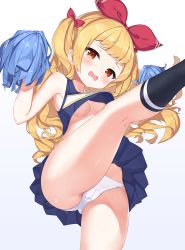 Rule 34 | 1girl, 2drr, azur lane, bare arms, bare shoulders, black socks, blonde hair, blue background, blue shirt, blue skirt, blush, breasts, cameltoe, cheerleader, cleft of venus, commentary request, commission, feet out of frame, gradient background, hair ribbon, hands up, holding, jenkins (azur lane), looking at viewer, no bra, open mouth, panties, pixiv commission, pleated skirt, pom pom (cheerleading), red eyes, red ribbon, ribbon, shirt, skirt, small breasts, socks, standing, standing on one leg, two side up, underwear, upskirt, wavy mouth, white background, white panties