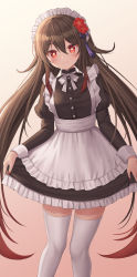 Rule 34 | 1girl, absurdres, alternate costume, apron, black dress, brown hair, colored tips, cowboy shot, dress, enmaided, flower, flower-shaped pupils, frills, genshin impact, gradient background, gradient hair, hair between eyes, hair flower, hair ornament, highres, hu tao (genshin impact), light smile, long hair, long sleeves, looking at viewer, maid, maid apron, maid headdress, multicolored hair, neck ribbon, pink background, plum blossoms, red eyes, red hair, ribbon, seungju lee, sidelocks, skirt hold, solo, symbol-shaped pupils, tassel, thighhighs, twintails, very long hair, white background, white ribbon, white thighhighs, zettai ryouiki