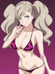 Rule 34 | 1girl, animated, animated gif, bikini, blue eyes, breast expansion, breasts, byleths200, cleavage, huge breasts, large breasts, light brown hair, long hair, persona, persona 5, purple background, ra-pen, solo, swimsuit, tagme, takamaki anne