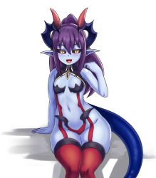 Rule 34 | 1girl, :d, aged down, bare arms, bare shoulders, black sclera, blue skin, breasts, colored sclera, colored skin, commentary, demon (monster girl encyclopedia), demon girl, demon horns, fang, hair between eyes, highres, horns, long hair, looking at viewer, medium breasts, monster girl encyclopedia, nav (itsnav), navel, open mouth, pointy ears, ponytail, purple hair, red thighhighs, simple background, sitting, skindentation, smile, solo, tail, thighhighs, white background, wide hips, yellow eyes