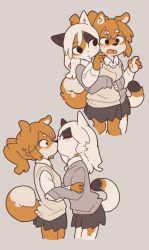 Rule 34 | 2girls, :&lt;, ^ ^, animal ear fluff, animal ears, animal nose, beige sweater, black eyes, black skirt, blush, body fur, calico, cat ears, cat girl, cat tail, cheek-to-cheek, closed eyes, closed mouth, collared shirt, commentary, cowboy shot, cropped legs, d:, dog ears, dog girl, dog tail, downscaled, english commentary, eyes visible through hair, face-to-face, facing another, facing viewer, feet out of frame, flat color, from side, furry, furry female, furry with furry, grey background, grey sweater, hand on another&#039;s arm, hands up, heads together, holding another&#039;s arm, hug, hug from behind, kiss, leaning forward, light brown hair, long hair, long sleeves, looking at another, looking to the side, miniskirt, mismatched eyebrows, multicolored fur, multiple girls, no pupils, open mouth, orange fur, orange hair, original, pleated skirt, ponytail, profile, resized, school uniform, shirt, short eyebrows, simple background, skirt, sleeves past wrists, snout, standing, surprise kiss, surprised, surprised arms, sweater, sweater vest, swept bangs, tail, thick eyebrows, tongue, tsurime, two-tone fur, v-shaped eyebrows, waist hug, wavy hair, white fur, white hair, white shirt, wide-eyed, wing collar, yagi (s1120411), yuri