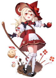 Rule 34 | 1girl, :d, absurdres, apple, black footwear, black gloves, blonde hair, broom, child, food, fruit, full body, genshin impact, gloves, hair ribbon, hat, highres, holding, holding broom, holding food, holding fruit, klee (blossoming starlight) (genshin impact), klee (genshin impact), looking at viewer, medium hair, open mouth, puffy short sleeves, puffy sleeves, red eyes, red headwear, red ribbon, red skirt, ribbon, shoes, short sleeves, skirt, smile, solo, somray, thighhighs, white thighhighs, witch hat