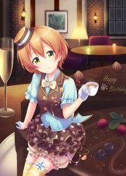 Rule 34 | 1girl, birthday, birthday cake, blueberry, bow, bowtie, cake, chair, champagne flute, chocolate cake, coffee, cup, drinking glass, food, fruit, gloves, happy birthday, hat, highres, hoshizora rin, latte art, looking at viewer, love live!, love live! school idol festival, love live! school idol project, mini person, minigirl, orange hair, plate, sasurai (kijitora713), short hair, sitting, striped clothes, striped thighhighs, table, teacup, thighhighs, vest, yellow eyes, zettai ryouiki