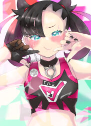 Rule 34 | 1girl, absurdres, aqua eyes, armpits, artist name, asymmetrical bangs, bare shoulders, black hair, black nails, blush, breasts, child, choker, clenched hands, creatures (company), crop top, embarrassed, eyelashes, female focus, fingernails, fingersmile, game freak, gloves, hair ornament, hands up, highres, long hair, looking at viewer, marnie (pokemon), midriff, multicolored background, nail polish, nintendo, official alternate costume, partially fingerless gloves, pendant choker, pokemon, pokemon swsh, signature, single glove, small breasts, standing, sweatdrop, twintails, undercut, upper body