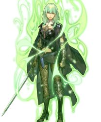 Rule 34 | 1girl, arm guards, armor, aura, belt, boots, byleth (female) (fire emblem), byleth (fire emblem), cape, closed mouth, dagger, female focus, fire emblem, fire emblem: three houses, fire emblem heroes, fire emblem warriors: three hopes, full body, green eyes, green hair, hidari (left side), high heel boots, high heels, highres, holding, holding sword, holding weapon, knee boots, knee pads, knife, lips, looking at viewer, matching hair/eyes, midriff, nintendo, non-web source, official art, pantyhose, shorts, single knee pad, solo, standing, sword, transparent background, turtleneck, weapon