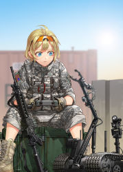Rule 34 | 1girl, assault rifle, blonde hair, blue eyes, blurry, blurry background, body armor, boots, camouflage, carabiner, controller, depth of field, eyewear on head, freckles, gloves, gun, holding, holding controller, kws, load bearing vest, looking down, m4 carbine, military, military rank insignia, military uniform, mixed-language commentary, orange-tinted eyewear, original, outdoors, pliers, rifle, robot, short hair, sitting, soldier, solo, tactical clothes, tinted eyewear, uniform, united states, united states army, weapon