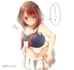 Rule 34 | !, !!, 10s, 1girl, blue eyes, blush, breasts, brown hair, cleavage, gloves, hair ornament, headgear, kantai collection, large breasts, looking at viewer, maya (kancolle), panties, partially undressed, pleated skirt, school uniform, serafuku, serino itsuki, short hair, skirt, solo, twitter username, underwear, white background, white panties