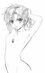 Rule 34 | 1girl, arched back, armpits, bad id, bad pixiv id, breasts, daitabashi kinu, dog tags, earrings, genderswap, genderswap (mtf), greyscale, jewelry, liquid snake, long hair, looking at viewer, metal gear (series), metal gear solid, monochrome, mouth hold, nipples, nude, out-of-frame censoring, ribbon, ribbon in mouth, single earring, small breasts, smile, solo, tying hair