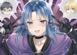 Rule 34 | 1girl, 2boys, absurdres, blue eyes, blue hair, blush, braid, chibi, chibi inset, commission, emotional engine - full drive, fate/grand order, fate/stay night, fate (series), highres, jason (fate), kuzuki souichirou, long hair, looking at viewer, medea (fate), multiple boys, pointy ears, second-party source, side braid, solo focus, sweatdrop, v, yufou