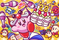 Rule 34 | anniversary, ball, balloon animal, beanie, blue headwear, blush stickers, boom microphone, bow, bowtie, cake, channel ppp, circus kirby, clown acrobot, commentary request, copy ability, food, hat, headphones, heart, juggling, juggling club, kirby, kirby (series), looking at viewer, magolor, meta knight, microphone, nintendo, no humans, notepad, official art, orange background, outline, rayman limbs, red neckwear, simple background, smile, waddle dee, white outline