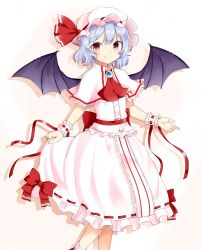 Rule 34 | 1girl, ascot, bat wings, blouse, blue hair, blush, boushi (nandemo), brooch, capelet, cowboy shot, hat, highres, jewelry, looking at viewer, mob cap, nandemo118, red eyes, remilia scarlet, ribbon, sash, shadow, shirt, short hair, simple background, skirt, skirt hold, skirt set, smile, solo, standing, touhou, wings, wrist cuffs, wrist ribbon
