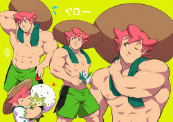 Rule 34 | 1boy, abs, arm behind head, brown headwear, character name, closed eyes, closed mouth, commentary, creatures (company), eldegoss, flower, flying sweatdrops, freckles, game freak, gen 8 pokemon, green background, green eyes, green shorts, gym leader, hat, heart, holding, holding flower, holding pokemon, hug, looking down, male focus, milo (pokemon), muscular, muscular male, navel, nintendo, one eye closed, pink hair, pokemon, pokemon (creature), pokemon swsh, shirt, short sleeves, shorts, simple background, smile, sun hat, topless male, white flower, xelgot