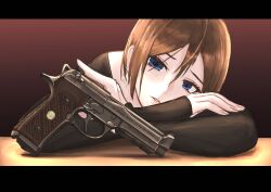 Rule 34 | 1girl, absurdres, beretta 92, black shirt, blue eyes, brown background, brown hair, colored eyelashes, commentary, d-sawa613, earrings, fingernails, gradient background, gun, hair between eyes, handgun, head on arm, head rest, highres, jewelry, letterboxed, long sleeves, looking at object, nail polish, off-shoulder shirt, off shoulder, on counter, original, parted lips, red background, shirt, short hair, single earring, solo, upper body, weapon, weapon focus