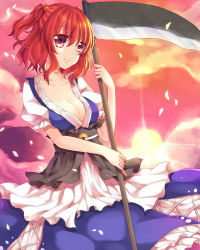Rule 34 | 1girl, bad id, bad pixiv id, bad proportions, breasts, cleavage, female focus, hair bobbles, hair ornament, highres, ikeda hazuki, medium breasts, onozuka komachi, red eyes, red hair, scythe, solo, touhou, twintails, two side up