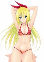 Rule 34 | 10s, 1girl, armpits, arms behind head, arms up, barefoot, bikini, blush, breasts, cleavage, hair ribbon, kirisaki chitoge, long hair, looking at viewer, muffin (sirumeria), navel, nisekoi, ribbon, seiza, simple background, sitting, smile, solo, striped bikini, striped clothes, swimsuit, white background