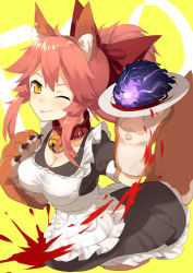 Rule 34 | 1girl, animal ears, animal hands, blush, bow, breasts, cleavage, fate/grand order, fate (series), fox ears, fox tail, hair bow, heart, highres, holding, holding plate, large breasts, long hair, looking at viewer, one eye closed, pink hair, plate, ponytail, red bow, sh (shinh), smile, solo, tail, tamamo (fate), tamamo cat (fate), tamamo cat (second ascension) (fate), tamamo no mae (fate/extra), tongue, tongue out, yellow eyes