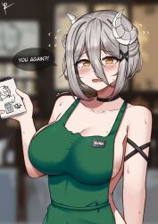 Rule 34 | 1girl, absurdres, apron, arm garter, bare shoulders, barista, blurry, blurry background, blush, breasts, brown eyes, cleavage, collarbone, curled horns, green apron, grey hair, hair between eyes, hair ornament, highres, holding, holding notepad, horns, iced latte with breast milk (meme), large breasts, looking at viewer, meme, naked apron, notepad, open mouth, original, short hair, sidelocks, solo, user jauy7457, x hair ornament
