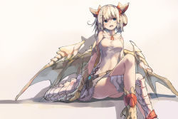 Rule 34 | 1girl, bare shoulders, blonde hair, blue eyes, blush, breasts, dragon girl, dragon horns, dragon wings, hair ribbon, horns, huanxiang huifeng, medium breasts, myr (p&amp;d), open mouth, puzzle &amp; dragons, ribbon, short hair, sitting, smile, solo, wings