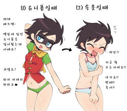 Rule 34 | 1girl, batman (series), batrobin k, blue eyes, blush, breasts, brown hair, cape, chinese clothes, dc comics, domino mask, dual persona, fang, highres, korean text, mask, navel, panties, robin (batrobin k), robin (dc), short hair, simple background, small breasts, translation request, underwear, white background