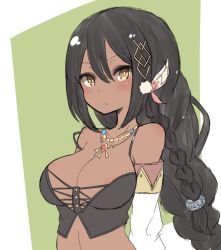 Rule 34 | 1girl, areola slip, azur lane, bare shoulders, black hair, blush, braid, breasts, bustier, cleavage, commentary request, copyright request, dark-skinned female, dark skin, detached sleeves, green background, hair between eyes, hair ornament, jewelry, large breasts, long hair, looking at viewer, malice stella, necklace, off shoulder, parted lips, solo, south dakota (azur lane), upper body, yellow eyes