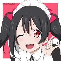 Rule 34 | 1girl, apron, artist name, artist request, black hair, blush, bow, female focus, garter straps, hair ribbon, heart, highres, looking at viewer, love live!, love live! school idol project, maid, maid apron, maid headdress, one eye closed, red bow, red eyes, ribbon, short hair, smile, solo, thighhighs, twintails, w, waist apron, yazawa nico