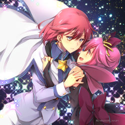 Rule 34 | 1boy, 1girl, :d, bare shoulders, blue eyes, bow, bridal gauntlets, brown eyes, cloak, earrings, gradient background, hand on another&#039;s chest, hand on another&#039;s shoulder, hetero, houkago no pleiades, jewelry, minato (houkago no pleiades), open mouth, pink hair, red hair, shuri yasuyuki, sky, smile, sparkle, star (sky), star (symbol), starry sky, subaru (houkago no pleiades), twitter username