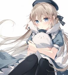 Rule 34 | 1girl, beret, black hat, black pantyhose, blue eyes, blush, bow, brown hair, commentary, dress, feet out of frame, floating hair, grey dress, hair between eyes, hair bow, hat, highres, hugging object, knees up, long hair, looking at viewer, mochizuki shiina, original, pantyhose, puffy short sleeves, puffy sleeves, short sleeves, simple background, solo, striped, striped bow, stuffed animal, stuffed rabbit, stuffed toy, symbol-only commentary, very long hair, white background
