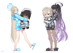 Rule 34 | 2girls, ^ ^, artist name, asuna (blue archive), bare legs, blue archive, blush, character doll, closed eyes, facing viewer, full body, halo, highres, hood, hooded jacket, hugging doll, hugging object, jacket, karin (blue archive), long hair, long sleeves, looking at viewer, multiple girls, ponytail, short shorts, shorts, simple background, slippers, smile, straight hair, tomid, very long hair, white background