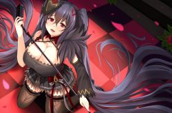 Rule 34 | 1girl, :d, absurdly long hair, ahoge, azur lane, bare shoulders, black dress, black hair, black thighhighs, blush, breasts, cleavage, crossed bangs, dress, garter straps, hair between eyes, hair ornament, holding, holding microphone stand, kanzaki kureha, kneeling, large breasts, long hair, looking at viewer, microphone stand, open mouth, red eyes, sleeveless, smile, solo, taihou (azur lane), taihou (muse) (azur lane), thighhighs, very long hair