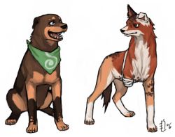 Rule 34 | amputee, animal focus, animalization, bandages, bleach, brother and sister, closed mouth, collar, dog, emlan, full body, lowres, neckerchief, open mouth, shiba ganju, shiba kuukaku, siblings, signature, simple background, sitting, standing, white background