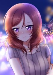 Rule 34 | 1girl, artist name, artist request, blurry, blurry background, blush, bracelet, breasts, collarbone, female focus, grey shirt, hair between eyes, highres, jewelry, looking at viewer, love live!, love live! school idol festival, love live! school idol festival all stars, love live! school idol project, medium breasts, necklace, night, night sky, nishikino maki, outdoors, parted lips, pearl bracelet, pearl necklace, purple eyes, red hair, shirt, short hair, short sleeves, sky, solo, striped clothes, striped shirt, vertical-striped clothes, vertical-striped shirt