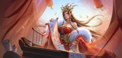 Rule 34 | 1girl, absurdres, bare shoulders, blue sky, brown hair, cai lin (doupo cangqiong), caicai061, chinese new year, detached sleeves, doupo cangqiong, dress, earrings, falling petals, fur trim, hair ornament, highres, jewelry, long hair, petals, pointy ears, red dress, red eyes, red nails, scroll, second-party source, sky, solo, table, upper body