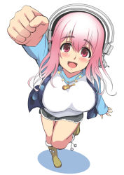 Rule 34 | 1girl, blush, breasts, deni m, headphones, large breasts, long hair, looking at viewer, nitroplus, open mouth, pink eyes, pink hair, smile, solo, super sonico