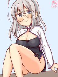 Rule 34 | 1girl, ahoge, alternate costume, artist logo, black dress, blue background, blue eyes, breasts, china dress, chinese clothes, cleavage, dress, glasses, gradient background, grey hair, hat, heywood l. edwards (kancolle), jacket, kanon (kurogane knights), kantai collection, long hair, looking at viewer, medium breasts, one-hour drawing challenge, sitting, solo, white jacket