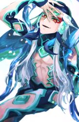 Rule 34 | 1boy, blue hair, center opening, commentary request, eyeshadow, fate/grand order, fate (series), forehead jewel, long hair, makeup, male focus, multicolored hair, open mouth, red eyes, red eyeshadow, shi huang di (fate), solo, soraao0322, two-tone hair, very long hair, white hair