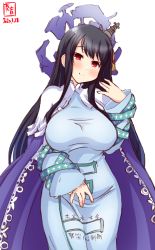 Rule 34 | 1girl, alternate costume, artist logo, black hair, blue cape, blue dress, breasts, cape, china dress, chinese clothes, clothes writing, commentary request, cosplay, cowboy shot, dated, dress, frilled cape, frills, fusou (kancolle), hair between eyes, hair ornament, hairband, head tilt, headgear, highres, houshin engi, kanon (kurogane knights), kantai collection, large breasts, long dress, long hair, long sleeves, looking at viewer, red eyes, ryuukitsu koushu, ryuukitsu koushu (cosplay), signature, simple background, smile, solo, standing, white background