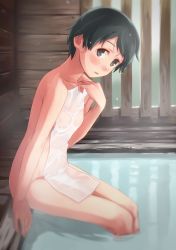 Rule 34 | 1girl, bad id, bad pixiv id, bathhouse, bathing, black eyes, black hair, blush, breasts, covering privates, from side, holding, holding towel, indoors, kantai collection, leaning forward, legs together, looking at viewer, makio (makiomeigenbot), mogami (kancolle), nude cover, onsen, revision, short hair, sitting, small breasts, soaking feet, solo, towel, water, wooden bathtub, wooden wall