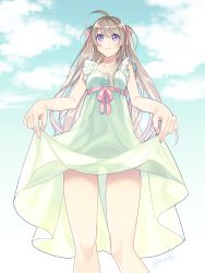 Rule 34 | 1girl, ahoge, breasts, cleavage, closed mouth, clothes lift, cloud, cloudy sky, day, dress, dress lift, from below, green dress, green sky, hair between eyes, hair ribbon, holding, katase waka, legs, long hair, looking at viewer, medium breasts, original, outdoors, pink ribbon, purple eyes, ribbon, signature, silver hair, skirt basket, sky, smile, solo, twitter username, two side up, very long hair