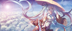 Rule 34 | 1girl, above clouds, absurdly long hair, aqua eyes, aqua hair, aqua necktie, azure (kireiazure), bare shoulders, black skirt, black sleeves, black thighhighs, blue sky, cloud, commentary, cowboy shot, detached sleeves, floating, grey shirt, hair ornament, hand in own hair, hand up, hatsune miku, holding, holding umbrella, lens flare, long hair, looking at viewer, miniskirt, necktie, pleated skirt, shirt, shoulder tattoo, sidelighting, skirt, sky, sleeveless, sleeveless shirt, smile, solo, spring onion print, sun, tattoo, thighhighs, twintails, umbrella, very long hair, vocaloid, zettai ryouiki