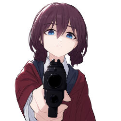 1girl aiming aiming_at_viewer blue_eyes brown_hair collared_shirt commentary_request finger_on_trigger girls_band_cry gun hair_between_eyes handgun highres holding holding_gun holding_weapon hood hooded_jacket iseri_nina jacket looking_at_viewer low_twintails open_mouth red_jacket shirt short_hair short_twintails simple_background solo twintails upper_body weapon white_background white_shirt yun_cao_bing