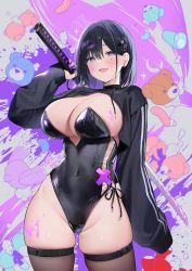 Rule 34 | 1girl, :d, black hair, black leotard, breasts, brown thighhighs, byulzzi, cleavage, covered navel, cowboy shot, drawstring, fang, hair ornament, hairclip, hand up, highleg, highleg leotard, holding, holding sword, holding weapon, katana, large breasts, leotard, long sleeves, looking at viewer, mole, mole under eye, open mouth, original, purple eyes, short hair, shrug (clothing), skindentation, smile, solo, standing, strapless, strapless leotard, sword, thighhighs, thighs, weapon