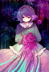 Rule 34 | 1girl, ainy, artist name, bad id, bad pixiv id, black background, blouse, blue background, blue shirt, expressionless, eyes visible through hair, floral print, flower, frilled shirt, frills, gradient background, green background, hairband, heart, highres, holding, holding flower, komeiji satori, long skirt, long sleeves, looking at viewer, purple background, purple eyes, purple hair, rose print, shirt, short hair, skirt, solo, third eye, touhou