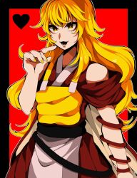 Rule 34 | 1jumangoku, 1other, androgynous, arm ribbon, armor, black sash, blonde hair, breastplate, cape, detached sleeves, eyelashes, finger to mouth, hair undone, heart, highres, japanese clothes, kimono, len&#039;en, long hair, looking at viewer, lower teeth only, nail polish, ooama no ake no mitori, open mouth, red background, red kimono, red ribbon, red sleeves, ribbon, sash, short sleeves, single sidelock, sleeveless, sleeveless kimono, smile, teeth, upper body, white cape, wide sleeves, yellow eyes, yellow nails