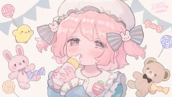 Rule 34 | 1girl, ame usako, baby bottle, blue dress, blush, bottle, bow, brown background, candy, candy wrapper, commentary request, dress, eyebrows hidden by hair, food, hair bow, hair ornament, hat, holding, lollipop, long sleeves, looking at viewer, making-of available, mob cap, original, parted lips, pennant, pink hair, rabbit hair ornament, red eyes, signature, sleeves past wrists, solo, string of flags, striped, striped bow, stuffed animal, stuffed bird, stuffed rabbit, stuffed toy, swirl lollipop, tears, teddy bear, two side up, upper body, white hat