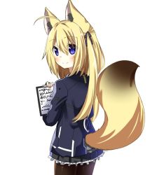 Rule 34 | animal ears, black pantyhose, blonde hair, blue eyes, blue jacket, chaakusu, commentary request, fox ears, fox tail, frilled skirt, frills, hair ribbon, jacket, long hair, long sleeves, looking at viewer, looking back, miniskirt, notepad, original, pantyhose, ribbon, simple background, skirt, smile, solo, tail, white background