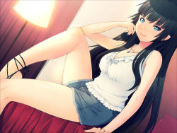 Rule 34 | 1girl, arm support, black hair, blue eyes, breasts, cleavage, cutoffs, denim, denim shorts, jewelry, lamp, legs, long hair, looking at viewer, mahito, medium breasts, necklace, original, shorts, sitting, smile, solo, thighs
