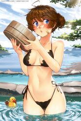 Rule 34 | 1girl, ahoge, bandaid, bandaid on cheek, bandaid on face, bare arms, bare shoulders, bikini, black bikini, blue eyes, blue sky, blush, branch, breasts, brooke (mleth), bucket, cloud, cloudy sky, collarbone, commentary, day, english commentary, freckles, gluteal fold, hair between eyes, hair bun, halterneck, highleg, highleg bikini, highres, holding, holding bucket, lace, lace-trimmed bikini, lace trim, looking to the side, medium breasts, mleth, navel, onsen, original, outdoors, paid reward available, ripples, rubber duck, side-tie bikini bottom, single hair bun, sky, solo, stomach, swimsuit, thigh gap, twitter username, wading, water, water drop, watermark, web address, wooden bucket